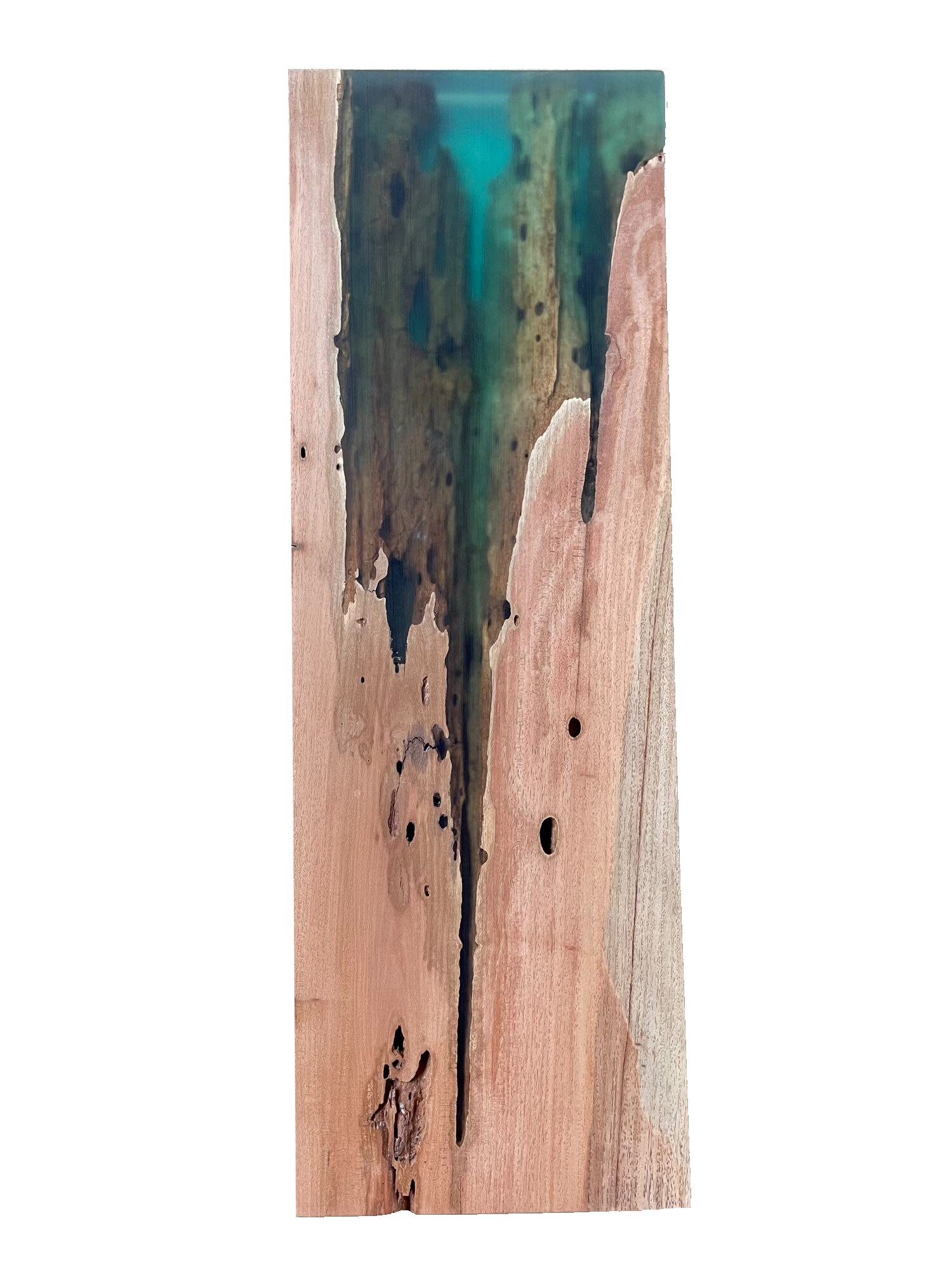 Weathered Teal River - weathered hardwood and pigmented epoxy wall art