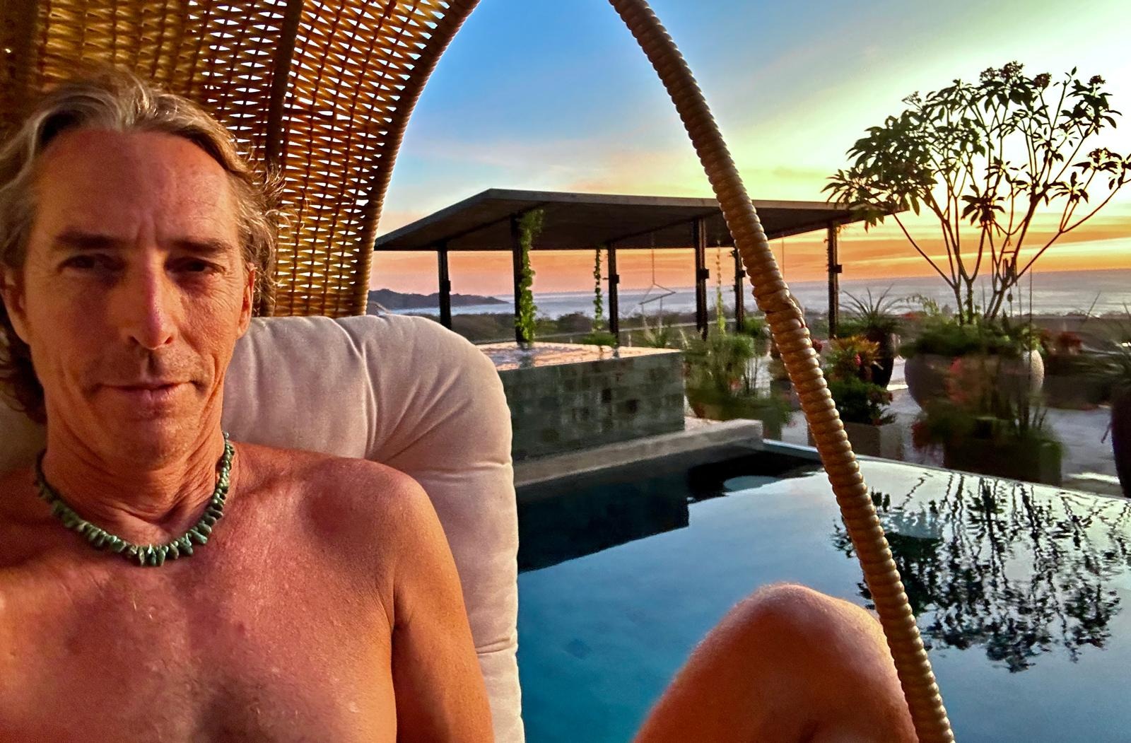 Jonathan Greenberg at his studio in Nosara, Costa Rica, at sunset
